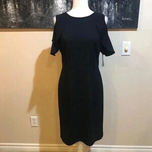 NWT Nina Leonard Black Ruffled Cold Shoulder Dress  w/Back Slit Pleated Front-M